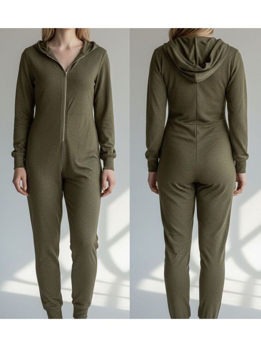 Women's Olive Green Sparkle Hooded Jumpsuit with Full Zipper and Long Sleeves